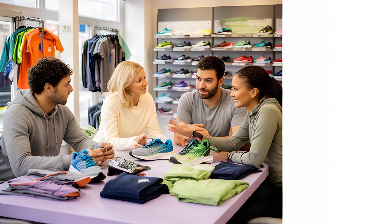 Sportwinkelteam bespreekt schoenen en kleding aan een werktafel in Westervoort