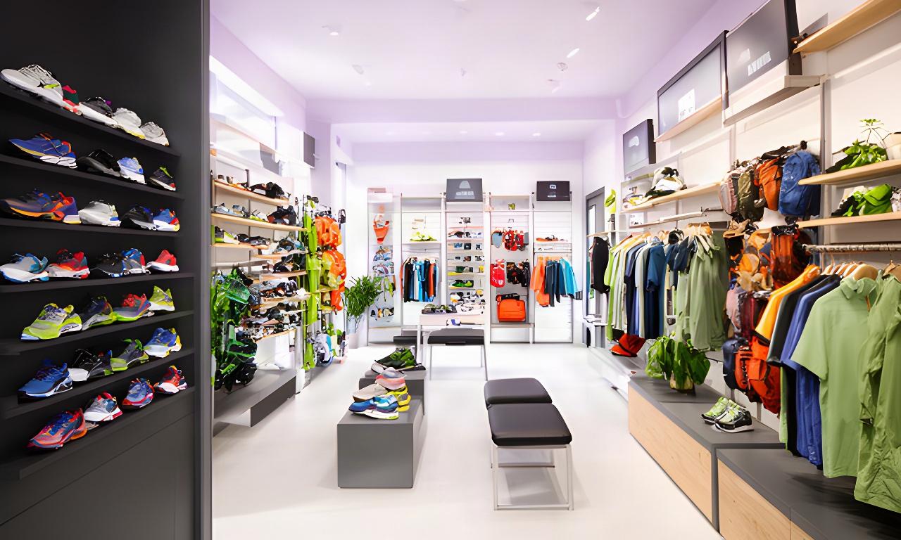Overzicht van het sportwinkelinterieur met schoenen, kleding en accessoires