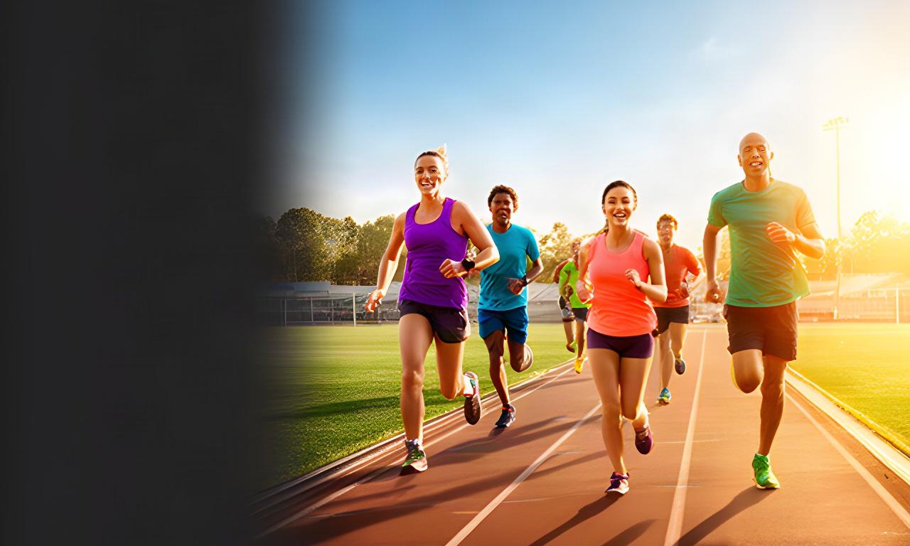 Hardlopers en teamsporters in actie op een zonnige sportbaan