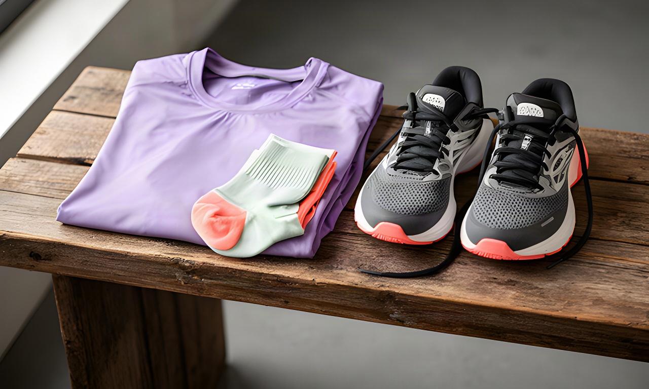 Complete sportgarderobe met shirt, hardloopschoenen en functionele sokken op een houten bank