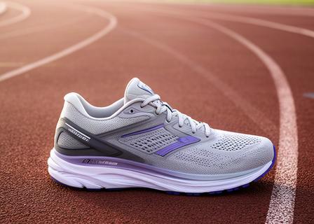 Neutrale hardloopschoen op een atletiekbaan met zichtbaar ademend bovenwerk