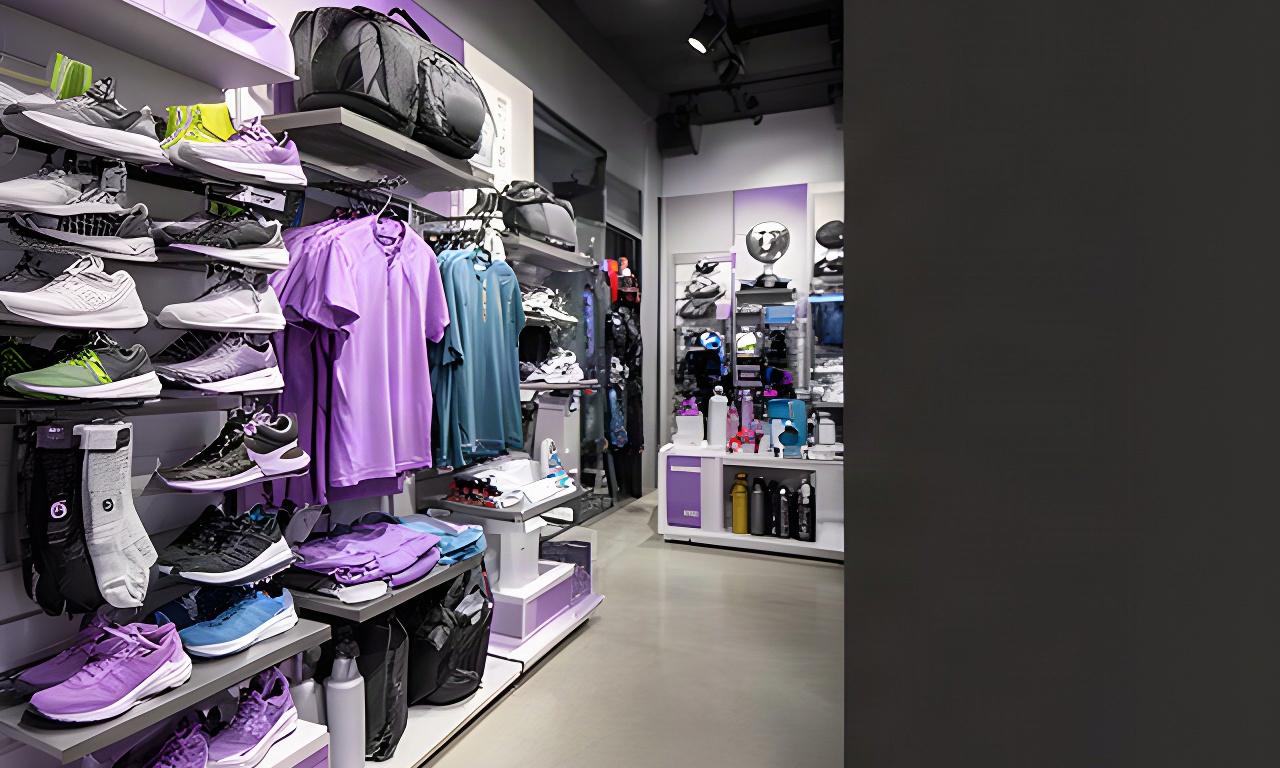 Overzicht van sportkleding, accessoires en schoenen netjes opgesteld in een sportwinkel