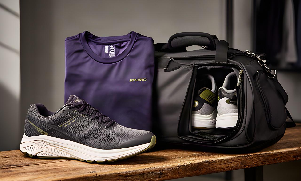 Hardloopschoen, technisch sportshirt en sporttas naast elkaar op een houten bank