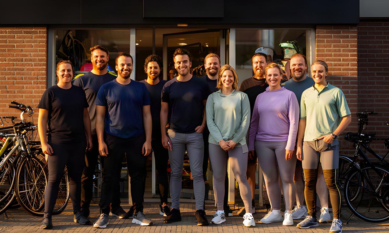 Team van een sportwinkel buiten de zaak aan t Kleefse in Westervoort