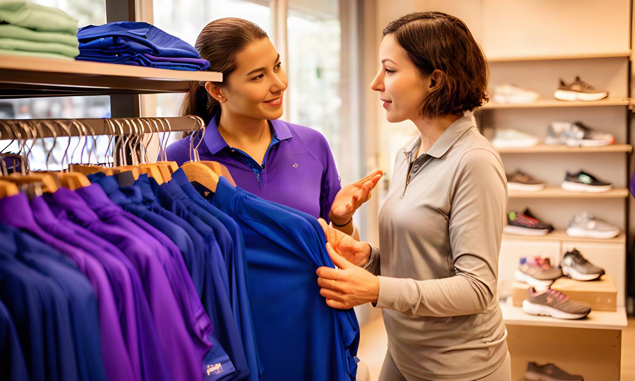 Klant bekijkt sportkleding met een adviseur in de winkel van Westervoort